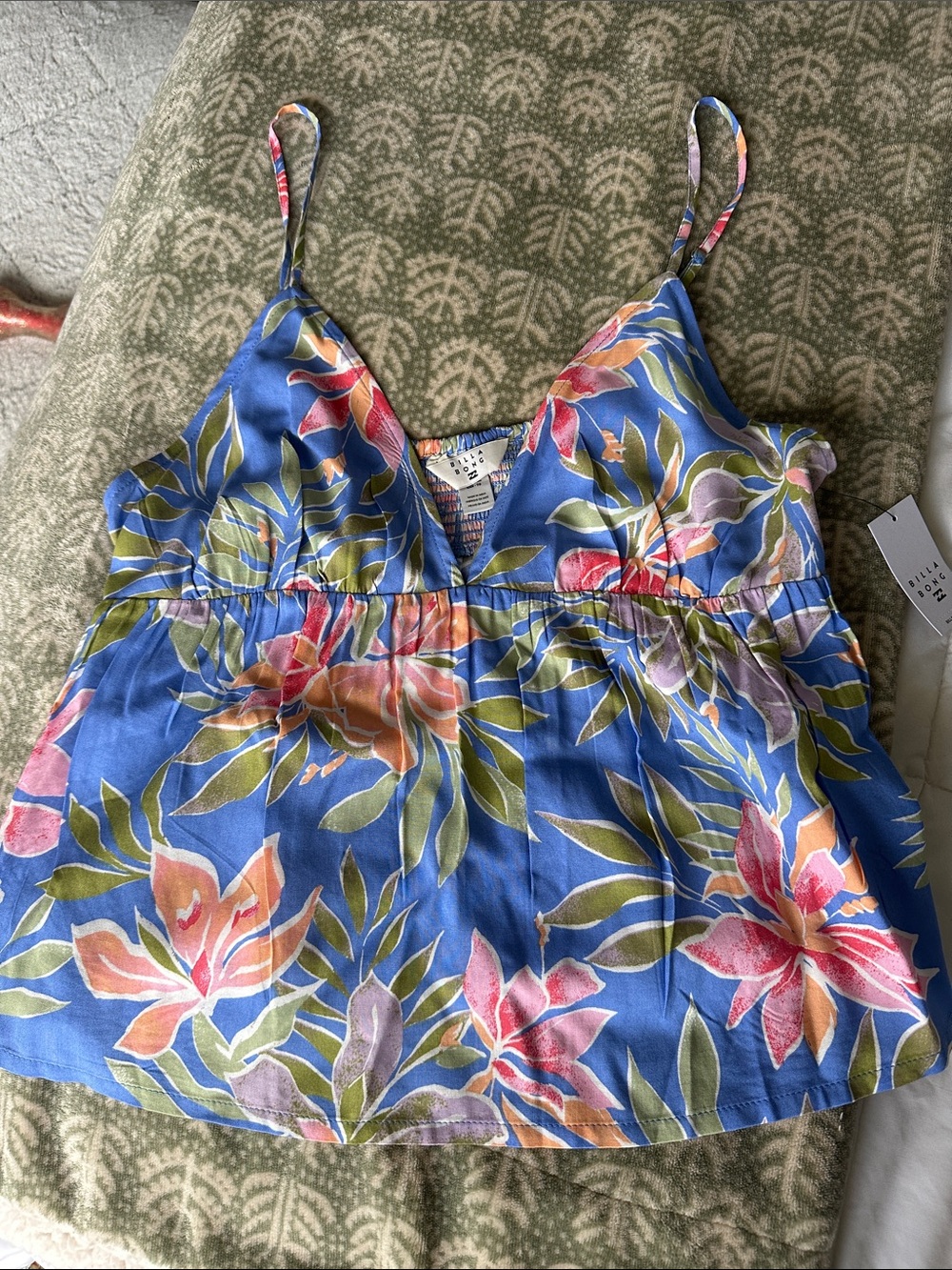 Billabong Blue Floral V‑Neck Tank with Pink and Orange Accents